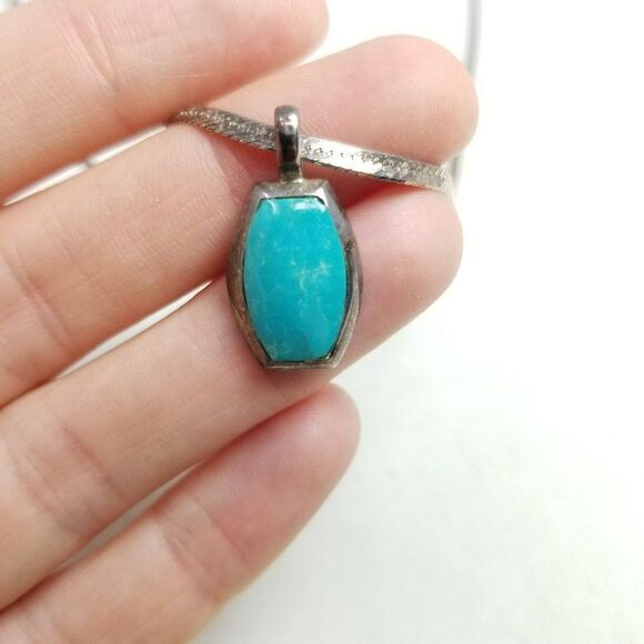 Vintage Blue Stone Sterling Silver Pendant on Long Flat Chain Necklace Tarnished - Picture 6 of 7